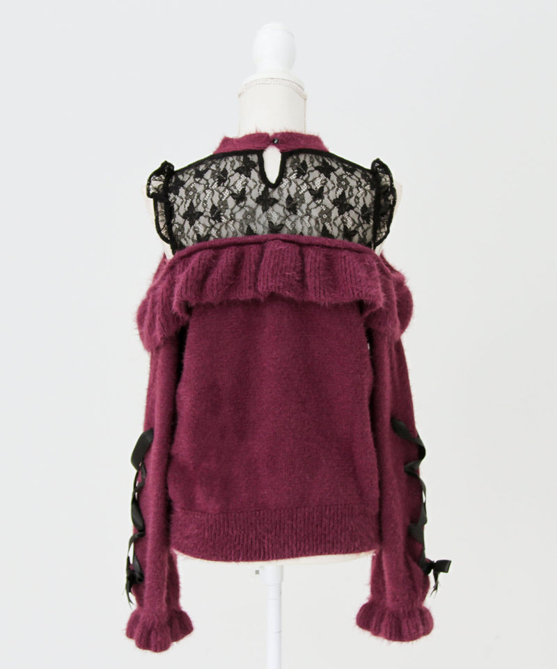 【予約　12/19発送】十字架チョーカー風チェーンレースフリルオフショルダーニットトップス