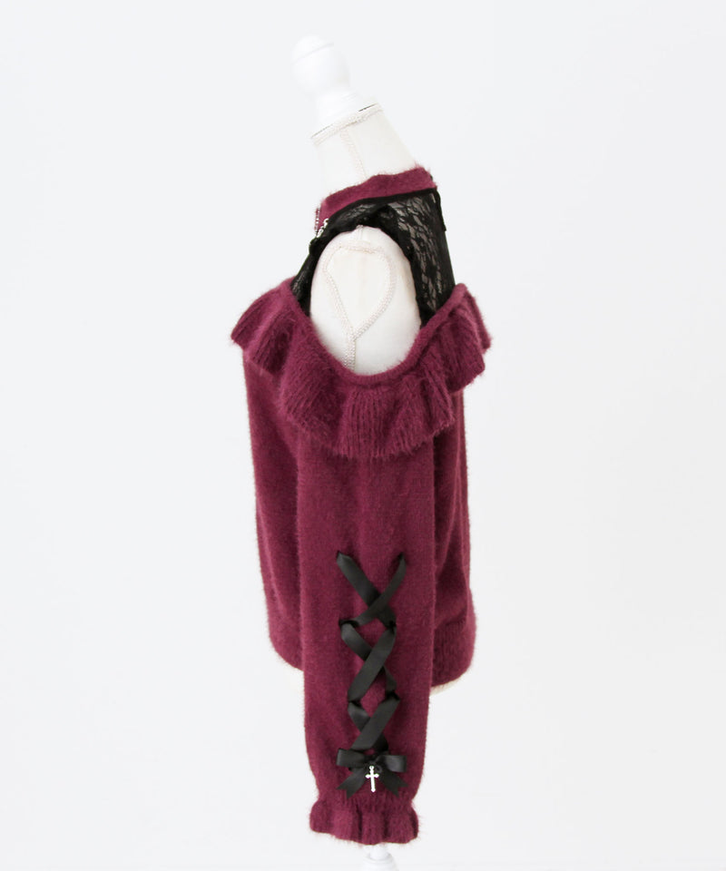 【予約　12/19発送】十字架チョーカー風チェーンレースフリルオフショルダーニットトップス