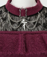 【予約　12/19発送】十字架チョーカー風チェーンレースフリルオフショルダーニットトップス