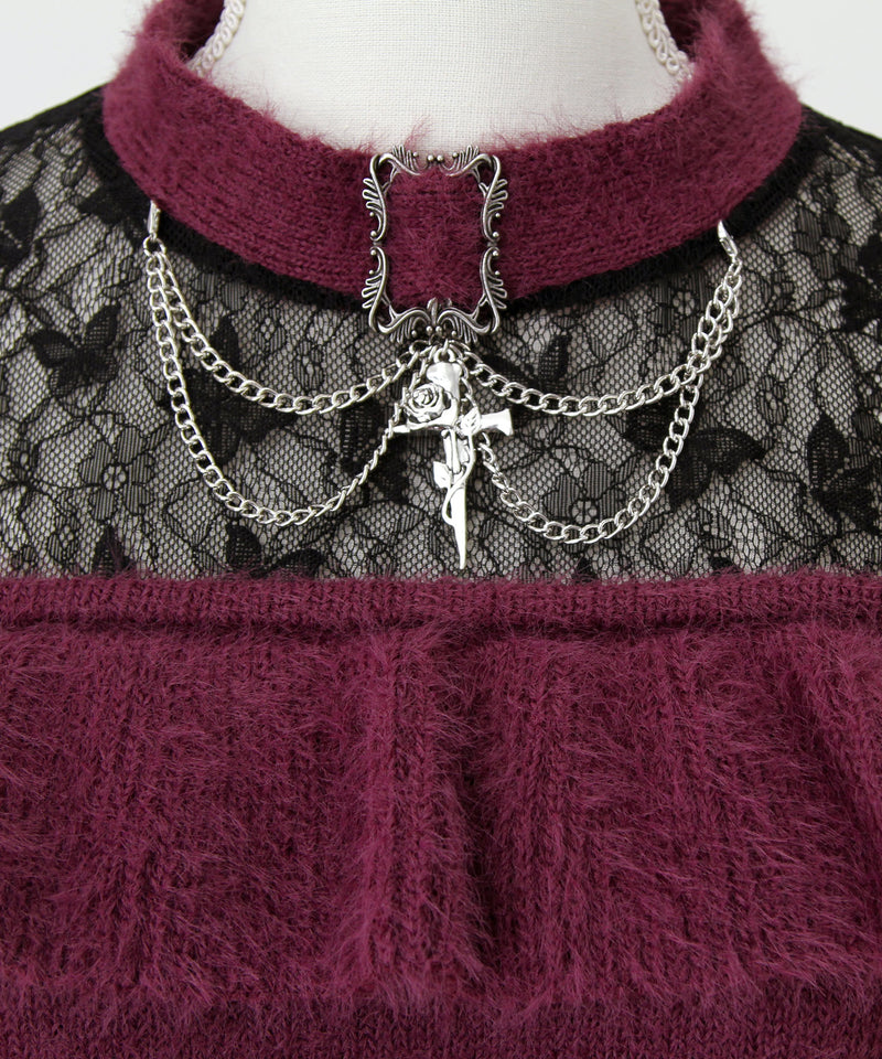 【予約　12/19発送】十字架チョーカー風チェーンレースフリルオフショルダーニットトップス