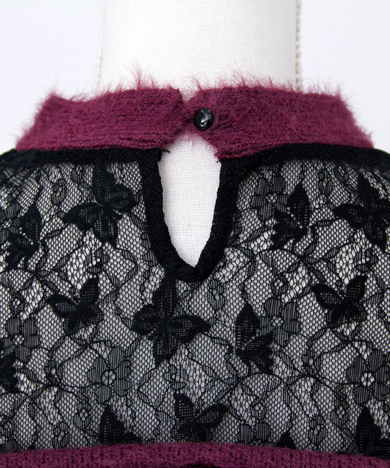 【予約　12/19発送】十字架チョーカー風チェーンレースフリルオフショルダーニットトップス