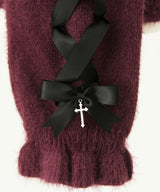 【予約　12/19発送】十字架チョーカー風チェーンレースフリルオフショルダーニットトップス