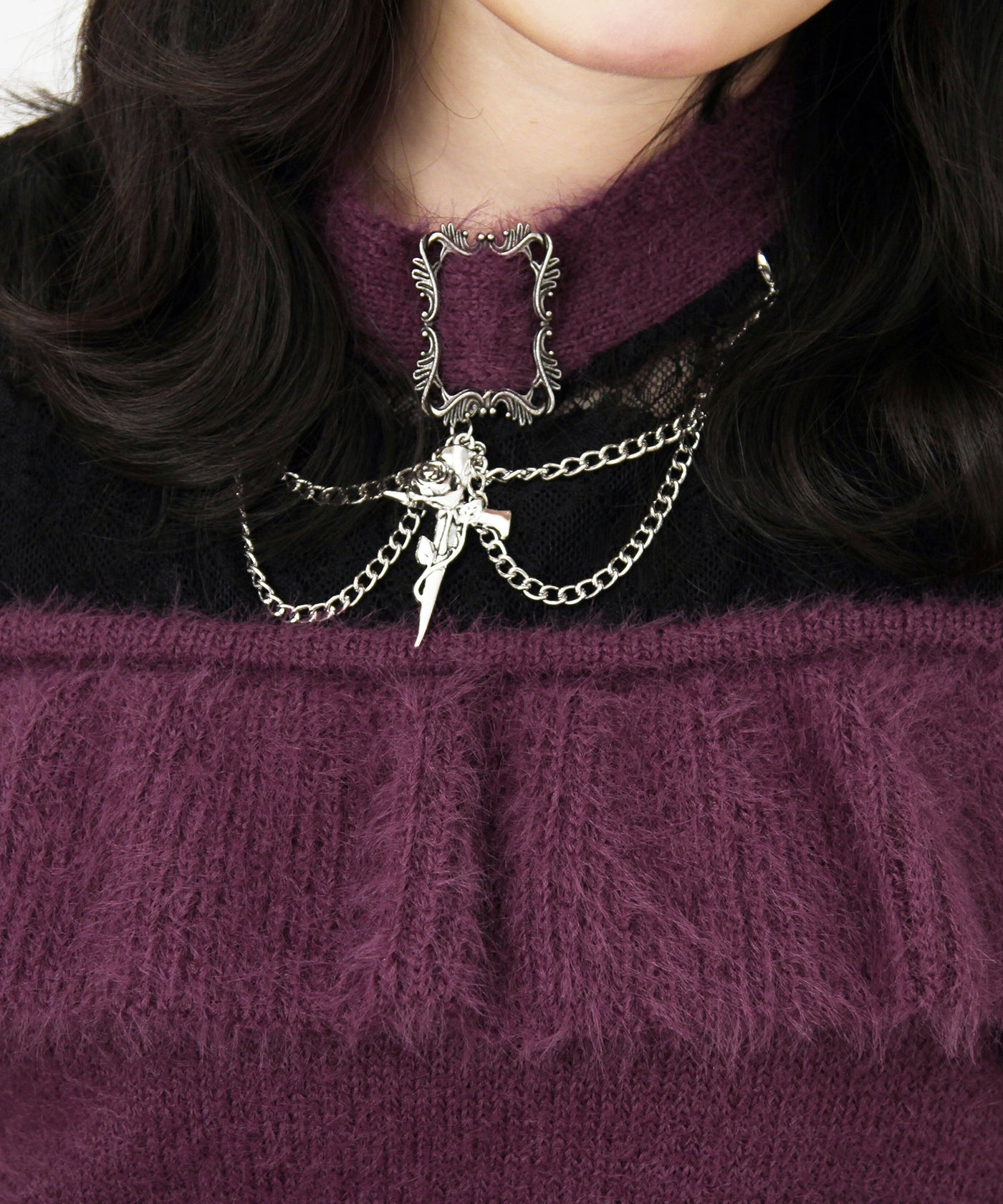 十字架チョーカー風チェーンレースフリルオフショルダーニットトップス