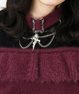 【予約　12/19発送】十字架チョーカー風チェーンレースフリルオフショルダーニットトップス