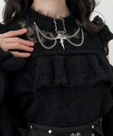【予約　12/19発送】十字架チョーカー風チェーンレースフリルオフショルダーニットトップス