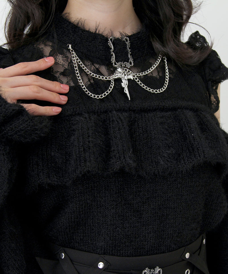 【予約　12/19発送】十字架チョーカー風チェーンレースフリルオフショルダーニットトップス