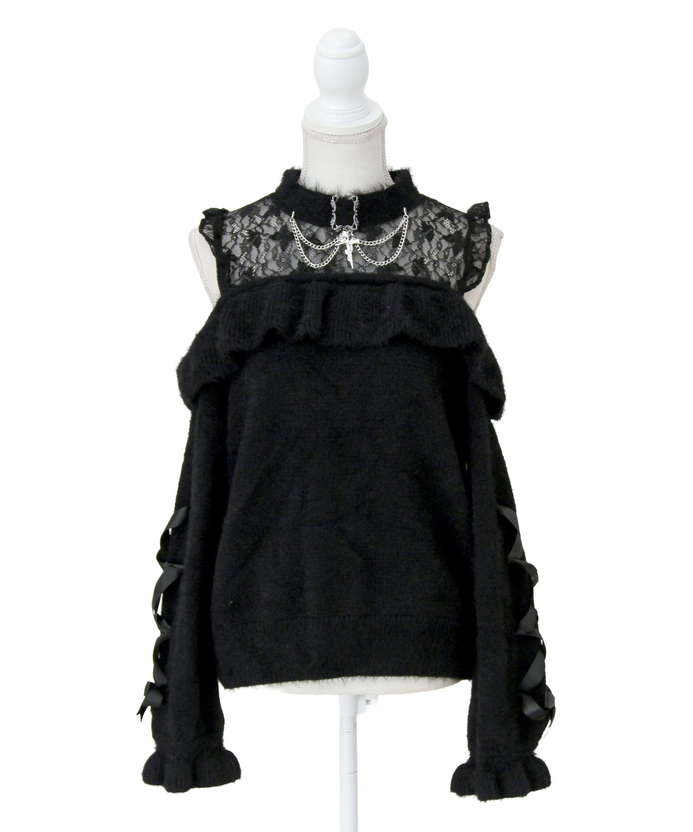 十字架チョーカー風チェーンレースフリルオフショルダーニットトップス