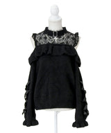 【予約　12/19発送】十字架チョーカー風チェーンレースフリルオフショルダーニットトップス