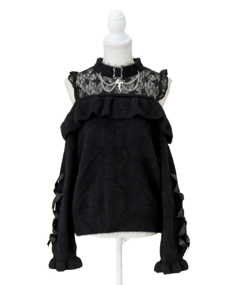 【予約　12/19発送】十字架チョーカー風チェーンレースフリルオフショルダーニットトップス