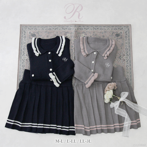 【予約　12/24発送】襟付きニットプリーツミニセットアップ【大きいサイズ有り】