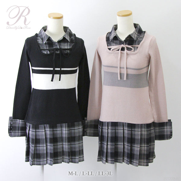 【予約　12/24発送】シャツドッキングプリーツニットワンピース【大きいサイズ有り】