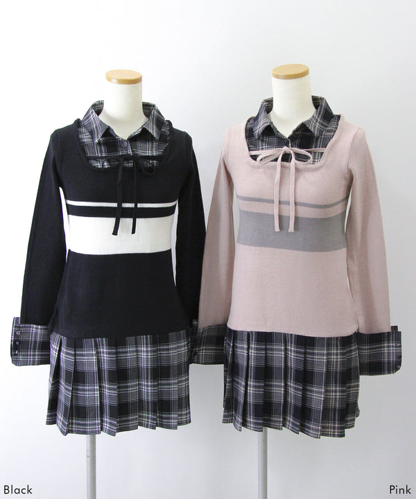 【予約　12/24発送】シャツドッキングプリーツニットワンピース【大きいサイズ有り】