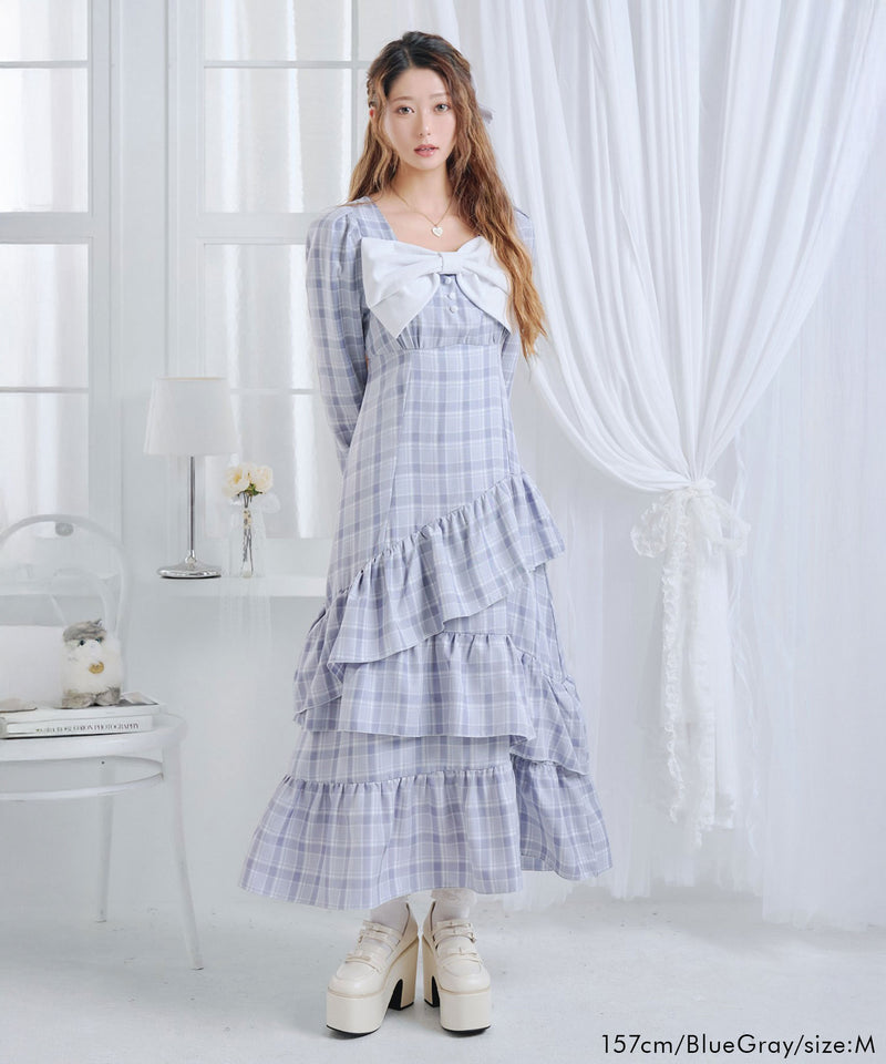 【予約　12/12発送】ビッグリボンアシメフリルティアートワンピース【大きいサイズ有り】