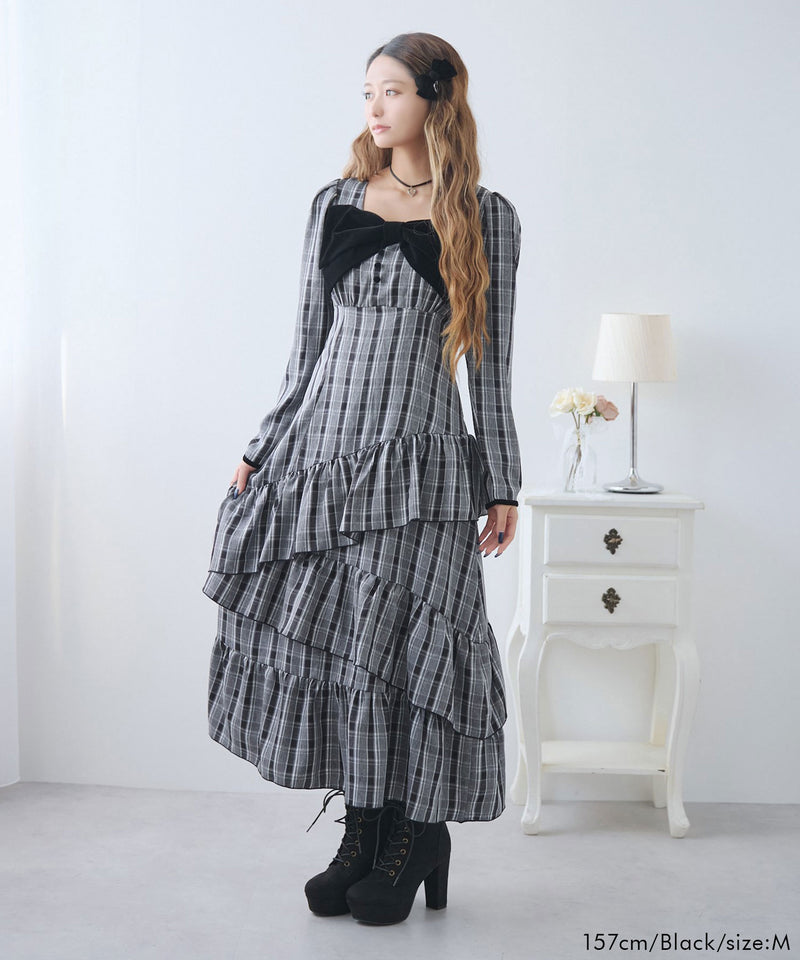 【予約　12/12発送】ビッグリボンアシメフリルティアートワンピース【大きいサイズ有り】