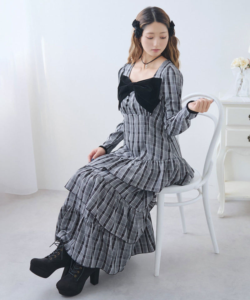 【予約　12/12発送】ビッグリボンアシメフリルティアートワンピース【大きいサイズ有り】