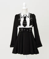 【予約　11/27発送】ジャケット風チェーンネクタイベルトプリーツワンピース