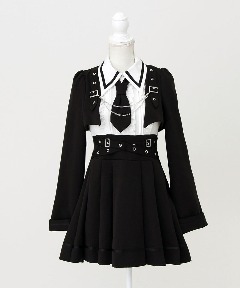 【予約　11/27発送】ジャケット風チェーンネクタイベルトプリーツワンピース
