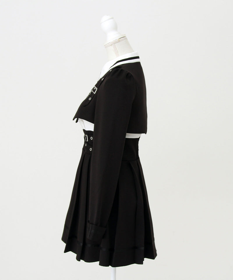 【予約　11/27発送】ジャケット風チェーンネクタイベルトプリーツワンピース