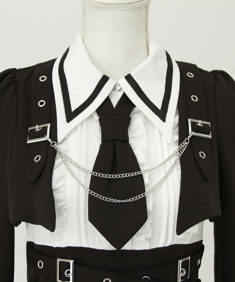 【予約　11/27発送】ジャケット風チェーンネクタイベルトプリーツワンピース