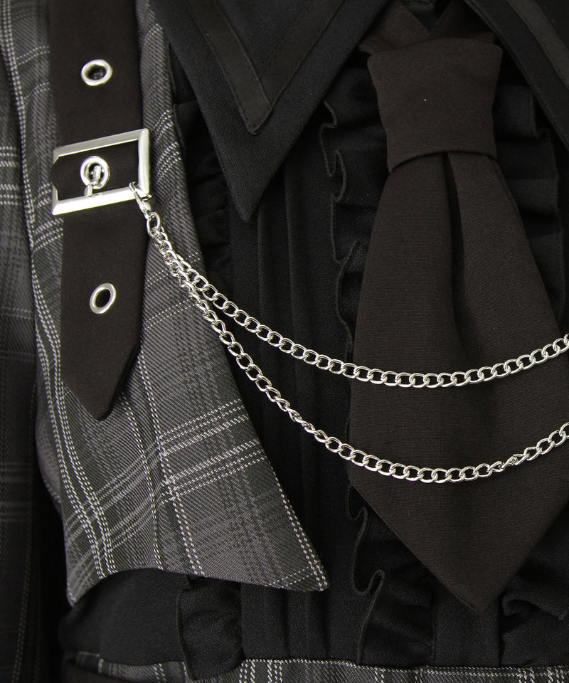 【予約　11/27発送】ジャケット風チェーンネクタイベルトプリーツワンピース