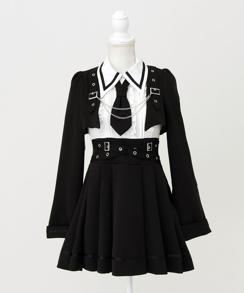 【予約　11/27発送】ジャケット風チェーンネクタイベルトプリーツワンピース