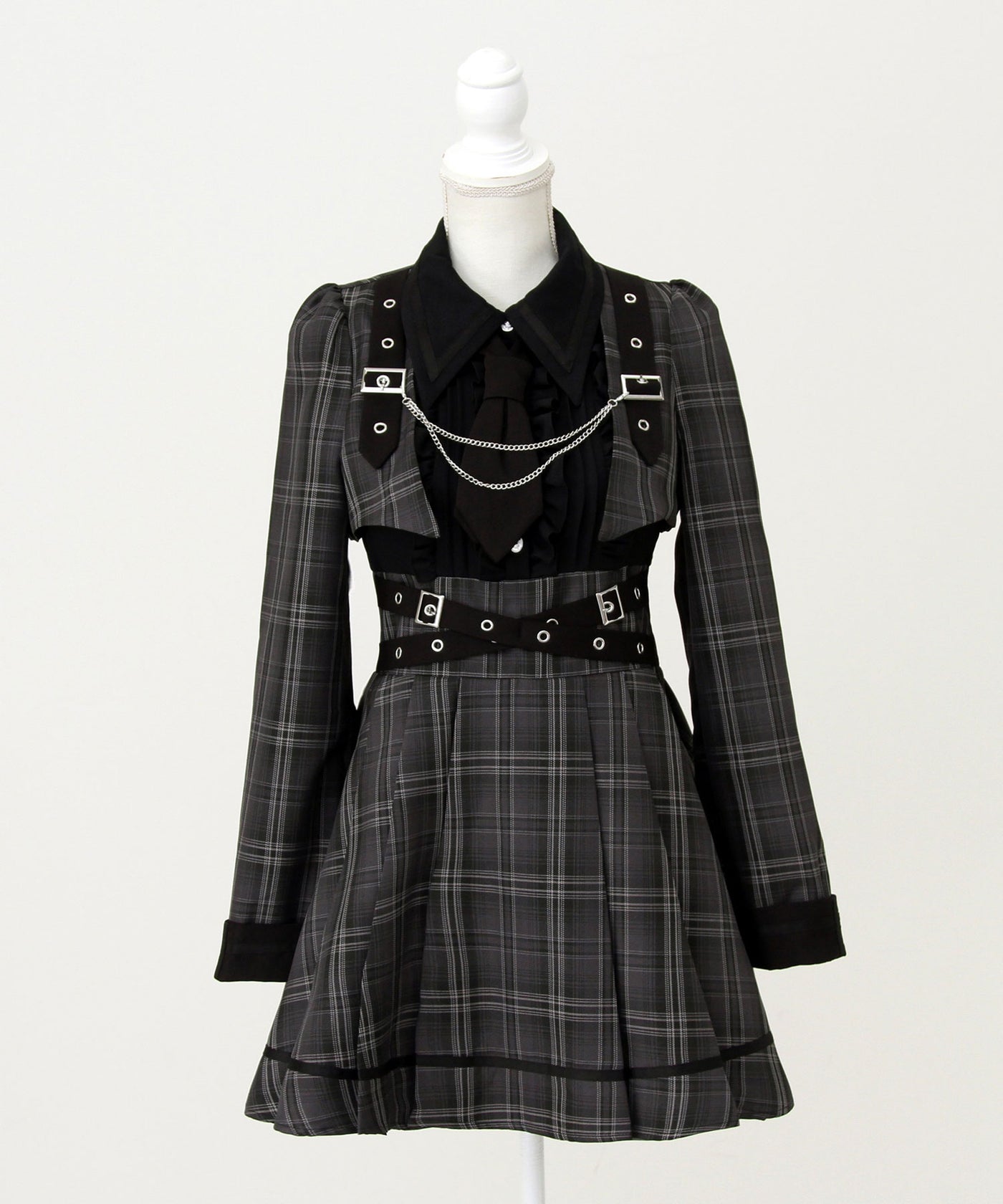 ジャケット風チェーンネクタイベルトプリーツワンピース – レディース