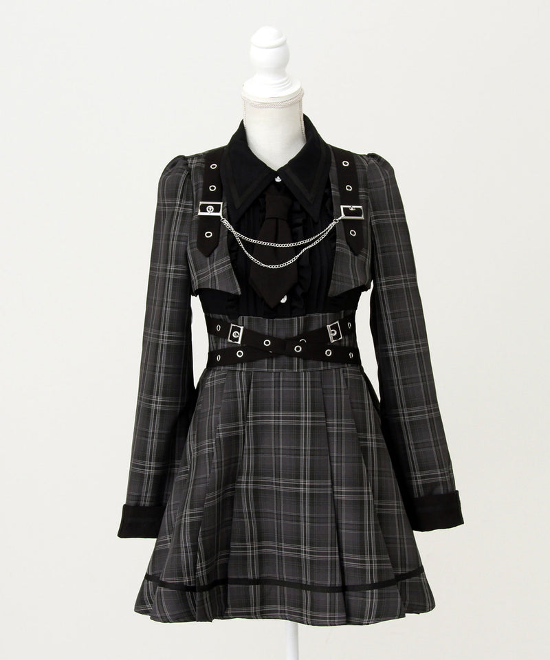 【予約　11/27発送】ジャケット風チェーンネクタイベルトプリーツワンピース