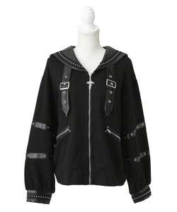 レザースタッズセーラー襟ベルトブルゾン