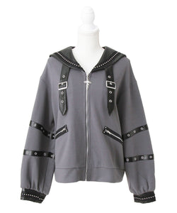 レザースタッズセーラー襟ベルトブルゾン