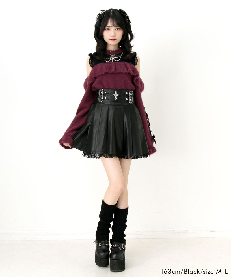 【予約　12/19発送】十字架レザーベルトプリーツスカート