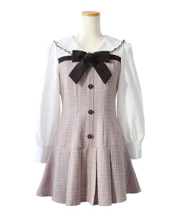 丸襟ブラウスドッキングツイードワンピース