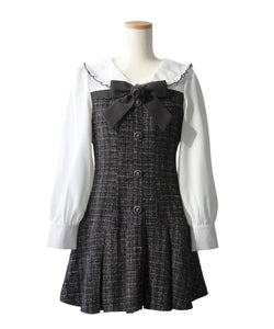 丸襟ブラウスドッキングツイードワンピース