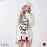 サブカル地雷系ダメージ風ゆるだぼ英字ロゴ長袖ニットトップス