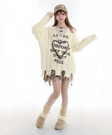 サブカル地雷系ダメージ風ゆるだぼ英字ロゴ長袖ニットトップス