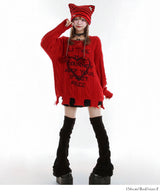 サブカル地雷系ダメージ風ゆるだぼ英字ロゴ長袖ニットトップス