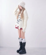 サブカル地雷系ダメージ風ゆるだぼ英字ロゴ長袖ニットトップス