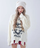 サブカル地雷系ダメージ風ゆるだぼ英字ロゴ長袖ニットトップス