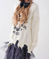 サブカル地雷系ダメージ風ゆるだぼ英字ロゴ長袖ニットトップス