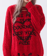 サブカル地雷系ダメージ風ゆるだぼ英字ロゴ長袖ニットトップス