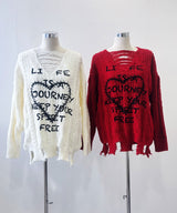 サブカル地雷系ダメージ風ゆるだぼ英字ロゴ長袖ニットトップス