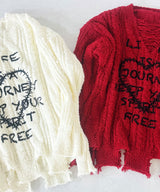 サブカル地雷系ダメージ風ゆるだぼ英字ロゴ長袖ニットトップス