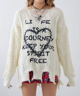 サブカル地雷系ダメージ風ゆるだぼ英字ロゴ長袖ニットトップス