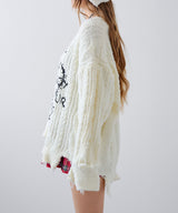 サブカル地雷系ダメージ風ゆるだぼ英字ロゴ長袖ニットトップス