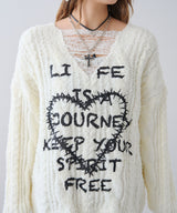 サブカル地雷系ダメージ風ゆるだぼ英字ロゴ長袖ニットトップス