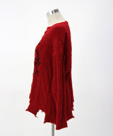 サブカル地雷系ダメージ風ゆるだぼ英字ロゴ長袖ニットトップス