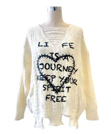 サブカル地雷系ダメージ風ゆるだぼ英字ロゴ長袖ニットトップス