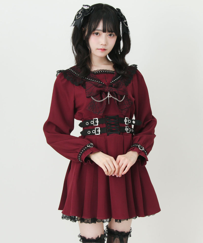タグ付き　地雷系　夢展望　角襟十字架スタッズベルトティアードワンピース　チェック 十字架クモレーススタッズベルトセーラーワンピース – レディース