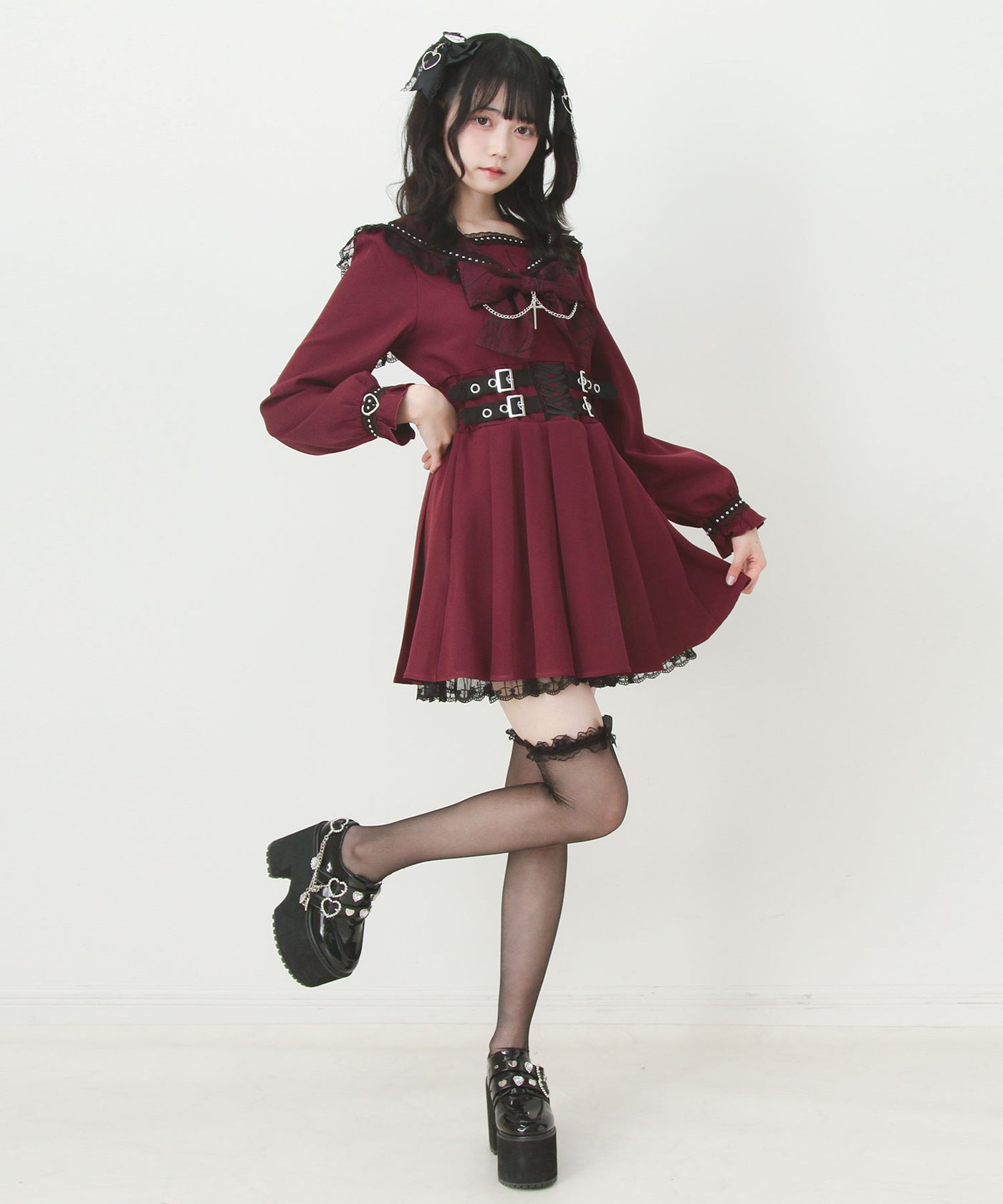 十字架クモレーススタッズベルトセーラーワンピース – レディース