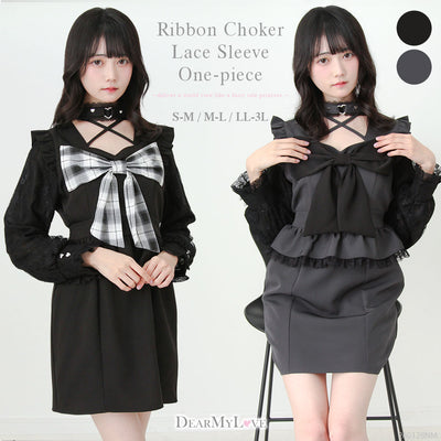 【9/17 11時まで限定価格】ビッグリボンハートスタッズチョーカー風レース袖フリルワンピース