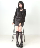 ビッグリボンハートスタッズチョーカー風レース袖フリルワンピース